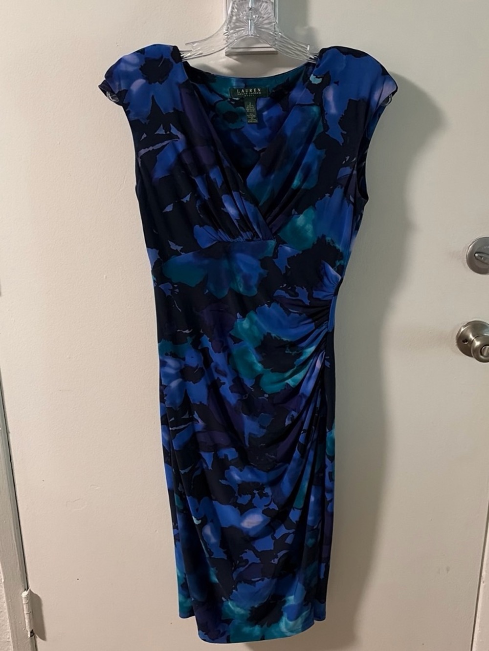 Ralph Lauren Blue & Teal Floral Asymmetrical Faux-Wrap Dress